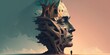 Man with steps on enormous human head sculpture, dream success and hope concept, imaginative artwork, and ambition idea painting illustration. Generative AI