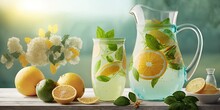 Lemon Slice And Mint Leaf Decorations Decorate The Pitcher Of Citrus Iced Lemonade That Is Served In Glasses Against A Marble Table In The Background Of Nature. Fresh Summer Beverage Lovely Image. The