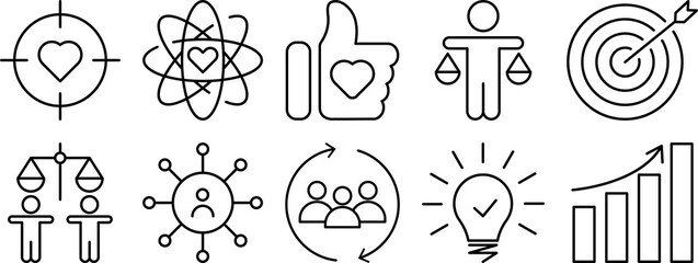 Core values line icon set. PNG image