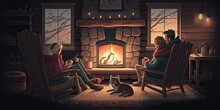 Family And Cat Relaxing In Armchair By The Fire Place In Wooden Cabin. Warm And Cozy Winter Holiday Concept. Generative AI