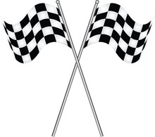 Black White Race Chequered Or Checkered Flag With Wooden Stick Isolated Background. Motorsport Car Racing Symbol Concept
