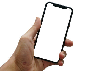 Hand holding black iPhone on white background. Mobile phone isolated for app, web design, logo, wireframes... Smarphone on PNG file transparent