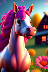 Wall Mural - A cute horse in front of a barn with colorful flowers. Farm animal. Generative AI.