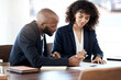 © Rene La/peopleimages.com - Contract consulting, business and black people planning of accounting budget, company portfolio or bank review. Teamwork, financial advisor and analysis of notes, investment report or legal paperwork