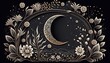 boho frame with flowers, celestial trendy linear style, mystical borders, line art, vector, moon, filagree, dark background