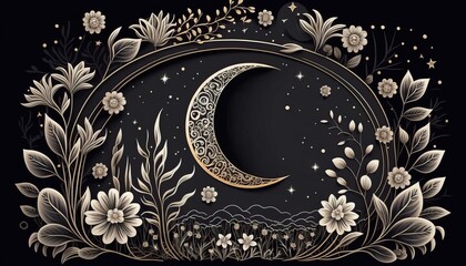 boho frame with flowers, celestial trendy linear style, mystical borders, line art, vector, moon, fi