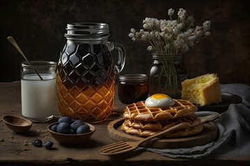 Sticker - Breakfast in closeup with a dark table, a fresh bread, waffle, and croissant, as well as a container of honey and milk. Generative AI