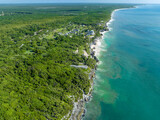Fototapeta  - Aerial view of Mayan ruins and Tulum coast in Mexico. Panorama.