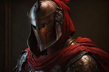 Unknown warrior wearing a scarlet robe and an iron helmet. Generative AI