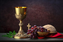 Holy Communion Picture Showing A Golden Chalice With Grapes And Bread. Generative Ai.