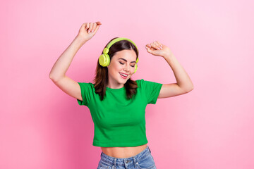 Poster - Photo of lovely cheerful girl closed eyes dancing enjoy favorite playlist isolated on pink color background