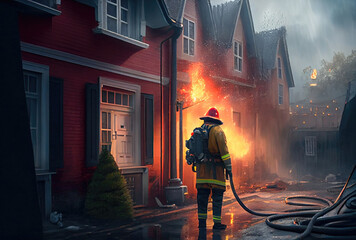 Firefighters are extinguishing a fire that burns down a civilian house. People work and occupation concept. Generative AI