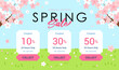 Spring Sale coupon template, Cherry Blossoms tree branch background vector illustration. Spring promotion