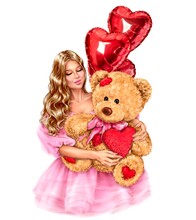 Beautiful Young Woman Holding Teddy Bear And Red Heart Balloons. Fashion Illustration.