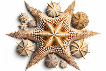 Wall Mural - A collection of seashells arranged in the shape of a starfish isolated on white background - Generative AI