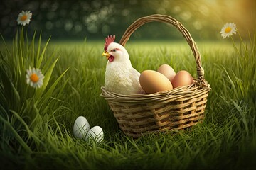 Poster - Fresh farm eggs in a basket with a hen standing to one side, isolated on a grass background. Generative AI