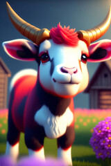 Wall Mural - A cute goat in front of a barn with colorful flowers. Farm animal. Generative AI.