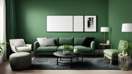 Wall Mural - Mockup posters on green empty wall in spacious modern living room interior. Sofa, table,lamp. Generative AI