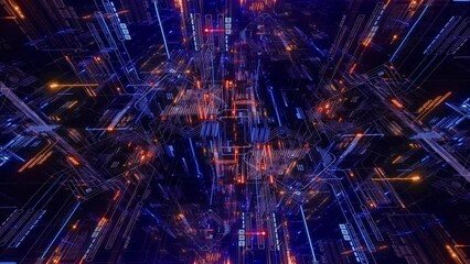 Wall Mural - Flying movement at digital space sci fi tunnel with hi tech information 