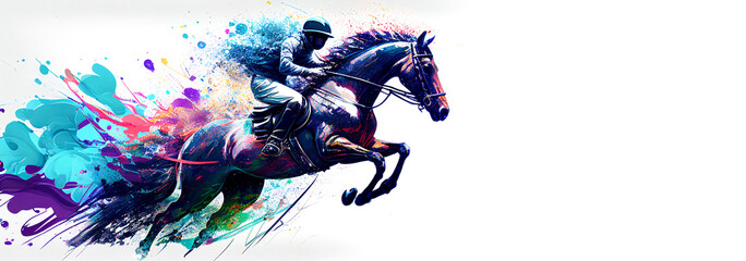 Wall Mural - Equestrian sport horse jump colorful splash horizontal banner on white background copy space. Generative AI illustration