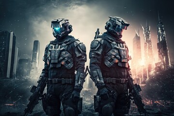 Poster - Futuristic swat soldiers on a future city background. Swat soldiers in futuristic tactical outfit armor and weapons standing on a science fiction background. Generative AI