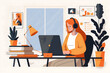 Flat vector illustration Happy young woman sitting at desk with laptop and writing notes while watching webinar, online learning, looking at computer screen and studying online courses or having virtu