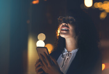 Aufkleber - Idea, gps and woman with phone at night for communication, chat and app in city. 5g connection, location and employee thinking with a mobile for networking, conversation and call in the dark in Spain