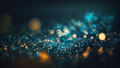  Blurred bokeh light on dark blue background. Abstract glitter defocused blinking stars and sparks with Generative AI technology