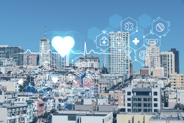 Panoramic cityscape view of San Francisco financial downtown at day time from rooftop, California, United States. Health care digital medicine hologram. The concept of treatment and disease prevention