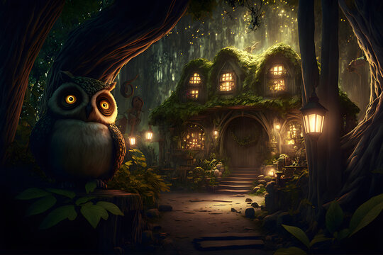 Fototapete - Owl guards fairy tale house in forest, the home of hobbits and forest elves. Light in the windows of the hut, owl close-up on the background of a magical village