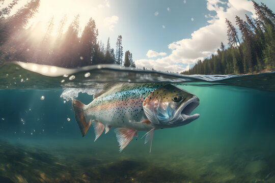 Fototapete - Fishing Rainbow trout fish splashing in the water of forest lake. Fish jumps out of river, clear water