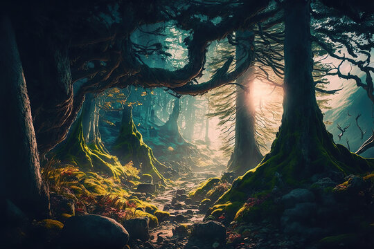 Fototapete - Path in mysterious forest, mystical landscape at dawn sunset. Twisted trees in the highlands, moss. 3d illustration