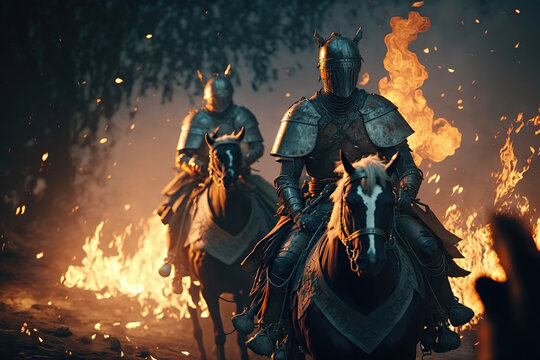 Knights on battlefield after victory. Everything is on fire. Knights are a warrior in armor and helmets. Medieval Fantasy Battle