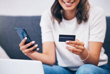 Ecommerce, Hands Or Woman With Credit Card Or Phone For A Digital Payment On Sofa Relaxing At Home. Smile, Finance Or Happy Girl Online Shopping For Subscription Sales Offer, Banking Or Fintech Deal