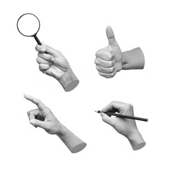 trendy 3d collage of female hands showing gestures such thumb up, point to object, holding a magnify