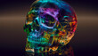 illustration. a skull transformed by a multicolored mushroom mold	