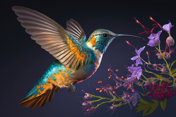 A hummingbird, Meliphagidae family, hovering over a brightly coloured flower, collecting nectar - Generative AI