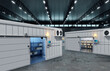 Refrigerated compartments for storage. Industrial building with large refrigerators. Racks with boxes in refrigerated compartments. Refrigeration chambers. Equipment, technologies. 3d rendering.