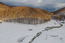 Aerial View Of A Small House At Verteglia Plateau With Snow In Wintertime On Mount Terminio, Serino, Avellino, Irpinia, Campania, Italy.