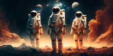 A Team Of Astronauts, Suited Up In Their Pressurized Spacesuits, Standing On The Surface Of A Strange And Alien World. Generative Ai
