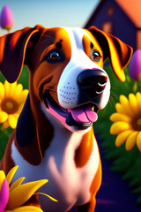 Wall Mural - A cute dog in front of a barn with colorful flowers. Farm animal. Generative AI.