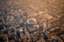 Aerial view of the Pantheon, a famous Roman Temple and landmark in Rome downtown, Lazio, Italy.
