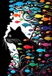paper cut quilling tuxedo cat fish background with lot of colors, art illustration
generative ai