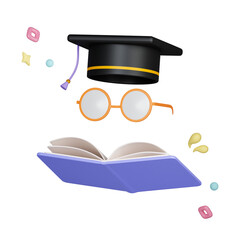 Wall Mural - Minimal background for online education concept. Book and glasses with graduation hat on blue background. PNG 3d rendering illustration. Clipping path of each element included