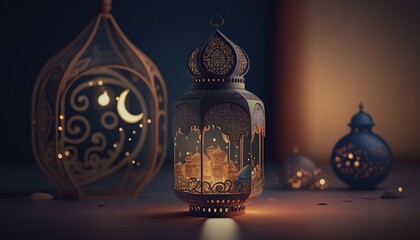 Traditional flashlight with candles.Islamic style banner for product display. Beautiful muslim invitation. Eid mubarak. Religion background. Generative AI