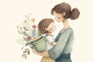 illustration of mother with her little child, flower in the background. concept of mothers day, moth