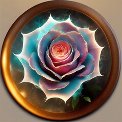 Wall Mural - Generative AI: blue rose with golden ornament and blue background