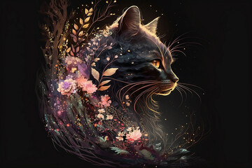 Wall Mural - Double exposure. Illustration of a cat and flowers, leaves, twigs. Graphics referring to nature. Home pet on a black background. Generative AI>
