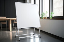 Empty white board in a modern office for displaying information, writing or teaching. AI generated.