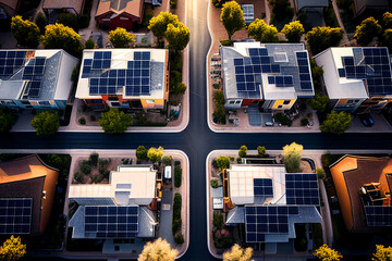 Wall Mural - Solar panel on roof house, top view. Tanunhouses and residential buildings houses with photovoltaic solar panels on roof as alternative renewable energy. World Earth Day, Ai Generative.